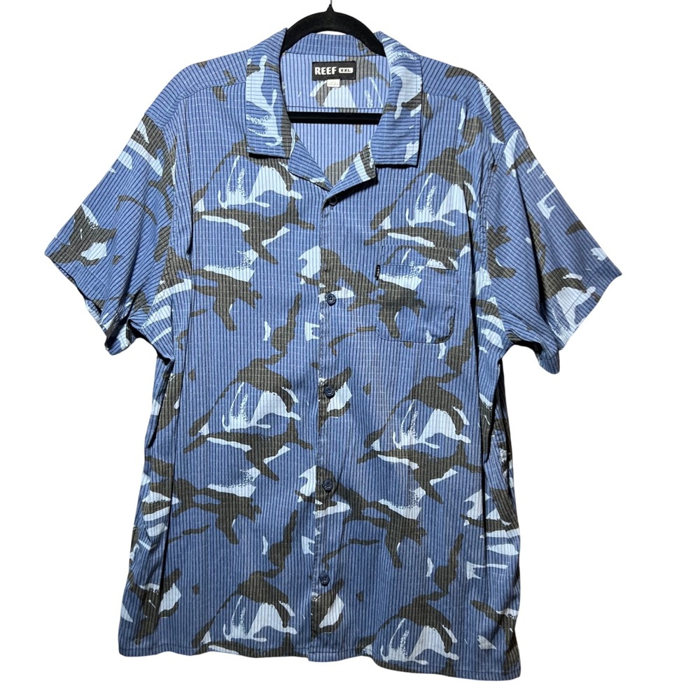 Reef Mens Camp‎ Shirt XXL Blue Abstract Camo Short Sleeve Button Up Lightweight